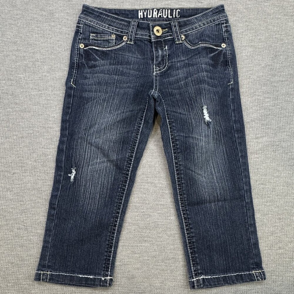 Hydraulic Womens Blue Distressed Denim Capri Jeans Low Rise Straight Size 5/6